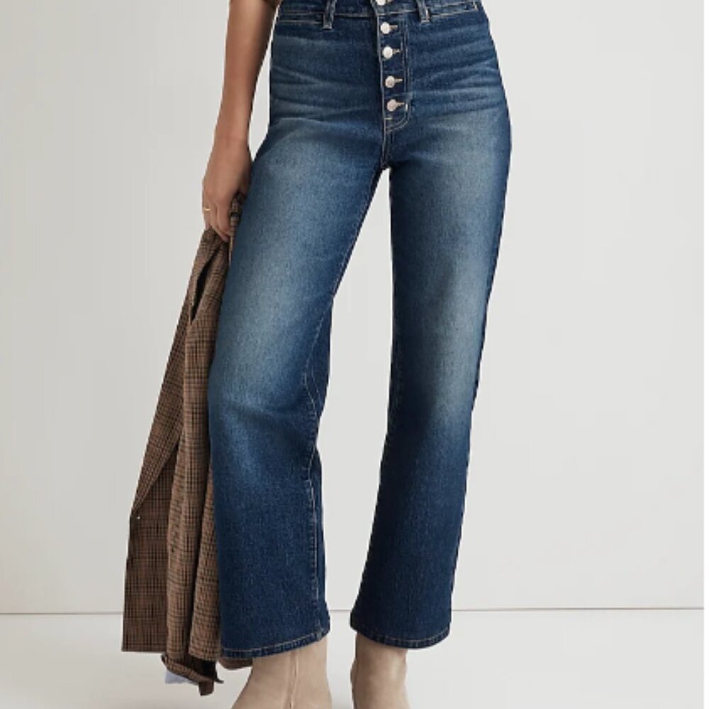 Madewell High-Rise Button-Fly Wide Leg Jeans in Dark Wash Blue